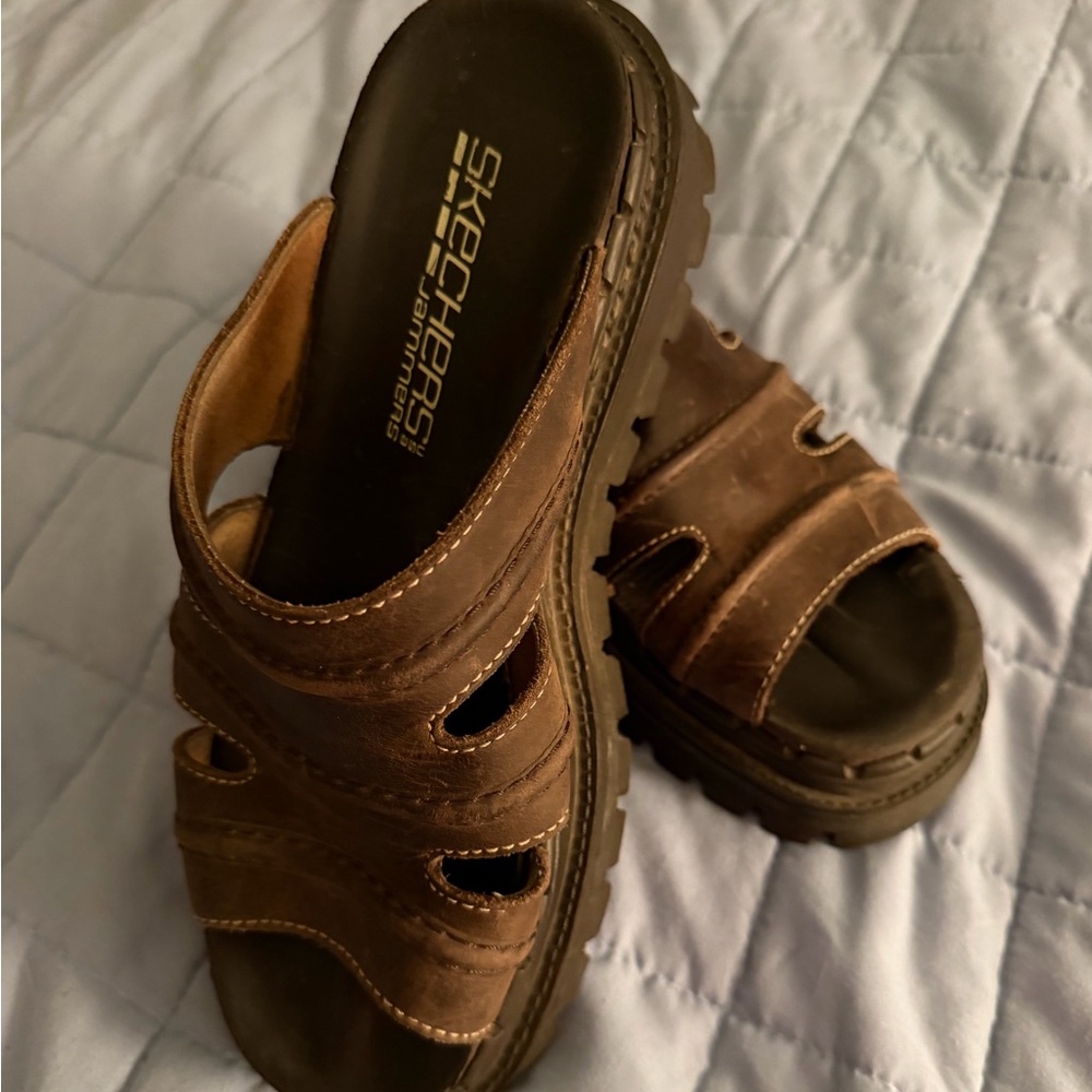 Skechers Brown Leather Slide Sandals